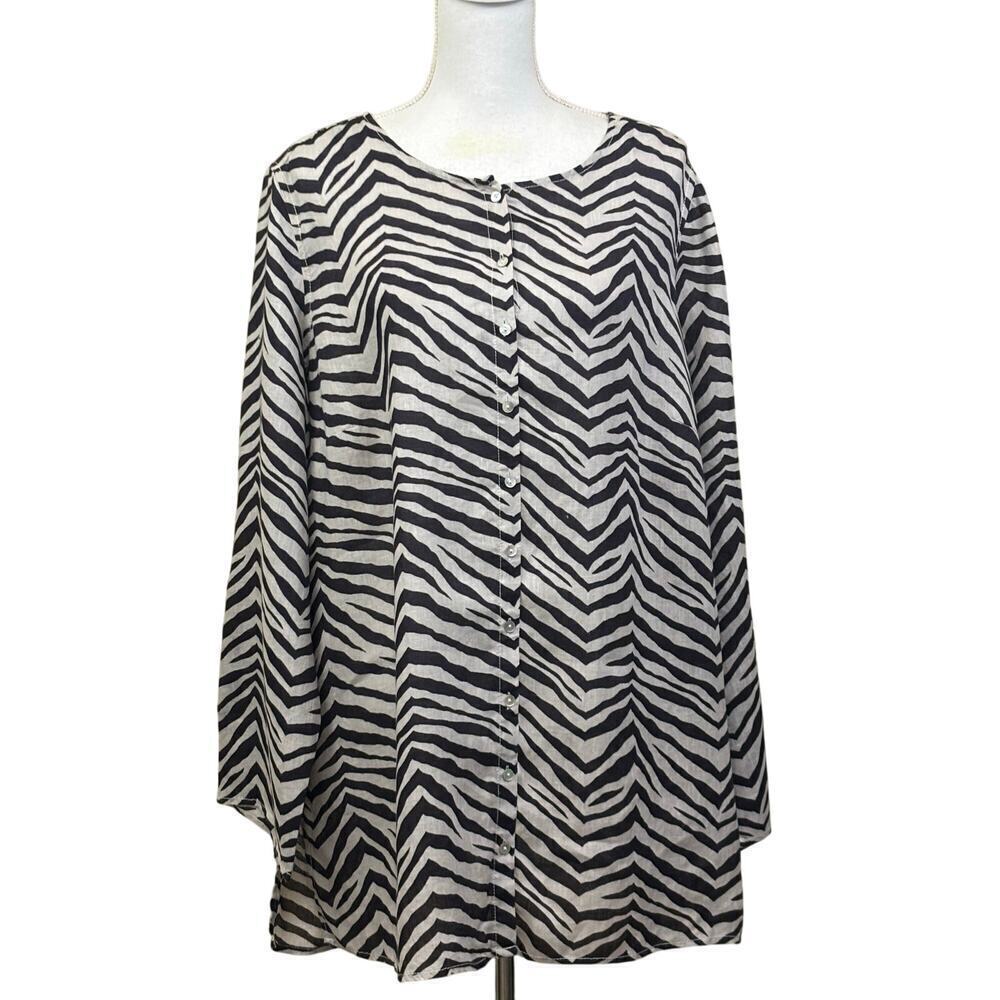 Tahari Zebra Print 100% Linen Button Down Blouse Black White Plus Size 1X
